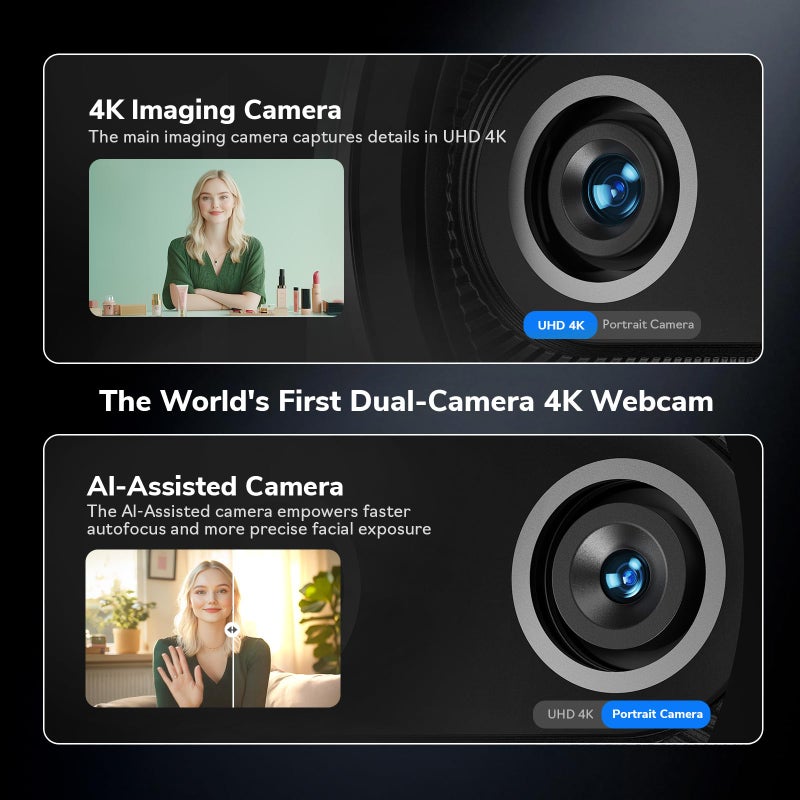 EMEET Piko 4K Webcam for Streaming, Worldâ€™s 1st Dual-Camera AI-Powered 4K Camera w/AI Autofocus, 3 Mics Array&3 Sound Modes, USB Webcam with Clip, Great for Streaming, Desk Setup and Creative Gifts - Image 2