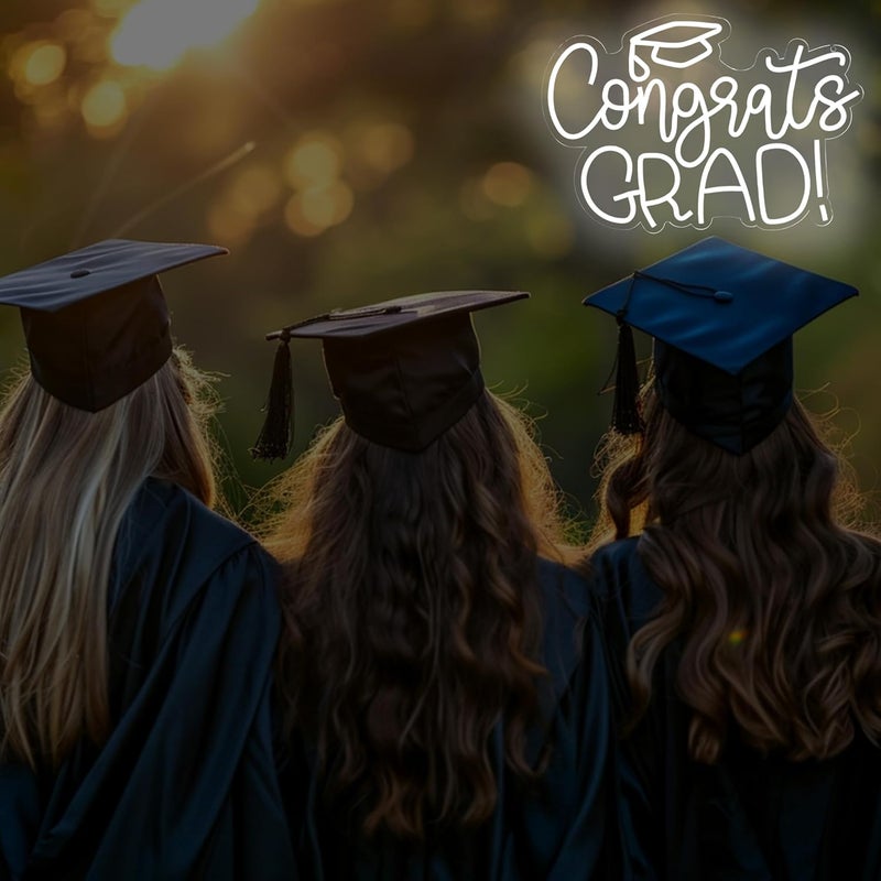 SLASA Congrats Grad Neon Sign 27x40 cm White LED Neon Light for Graduation Party Decor, Wall Hanging, Photo Booth Backdrop, Aesthetic Room Decor with 6mm Acrylic Base - Image 3