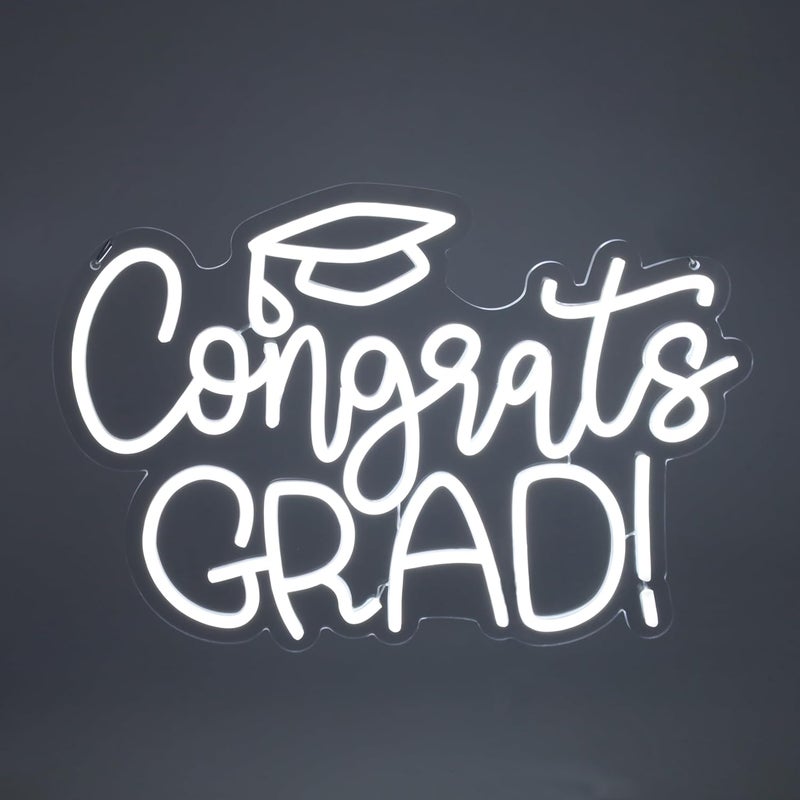 SLASA Congrats Grad Neon Sign 27x40 cm White LED Neon Light for Graduation Party Decor, Wall Hanging, Photo Booth Backdrop, Aesthetic Room Decor with 6mm Acrylic Base - Image 2