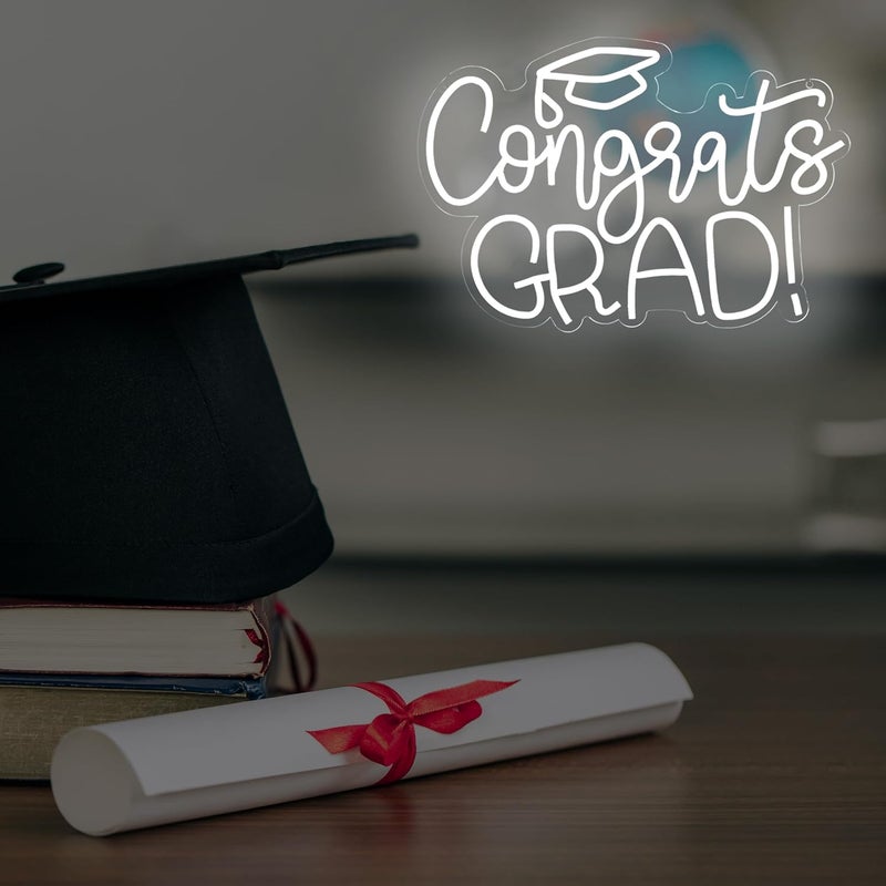 SLASA Congrats Grad Neon Sign 27x40 cm White LED Neon Light for Graduation Party Decor, Wall Hanging, Photo Booth Backdrop, Aesthetic Room Decor with 6mm Acrylic Base - Image 5