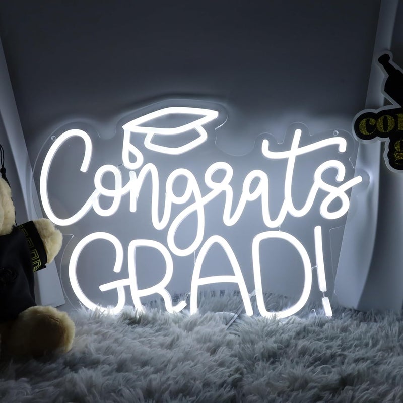 SLASA Congrats Grad Neon Sign 27x40 cm White LED Neon Light for Graduation Party Decor, Wall Hanging, Photo Booth Backdrop, Aesthetic Room Decor with 6mm Acrylic Base - Image 1