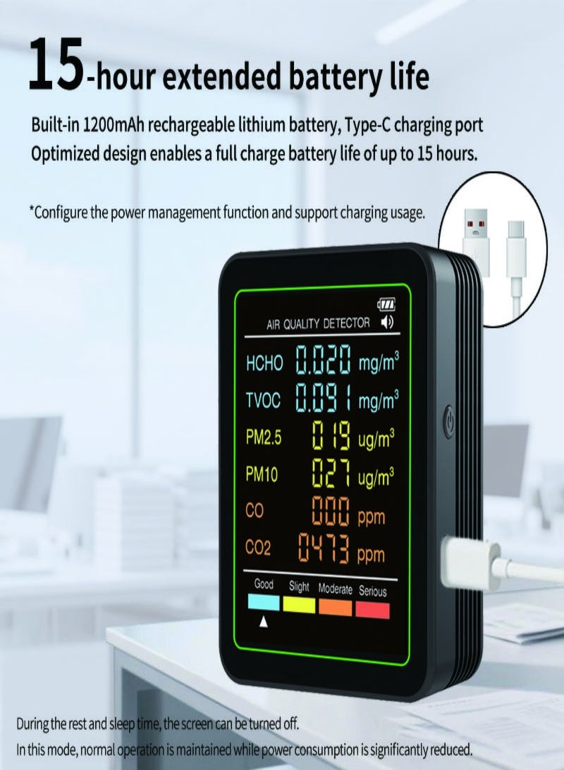 6-in-1 Air Quality Tester, capable of measuring PM2.5, PM10, CO, TVOC, and HCHO, suitable for multiple scenarios - Image 3