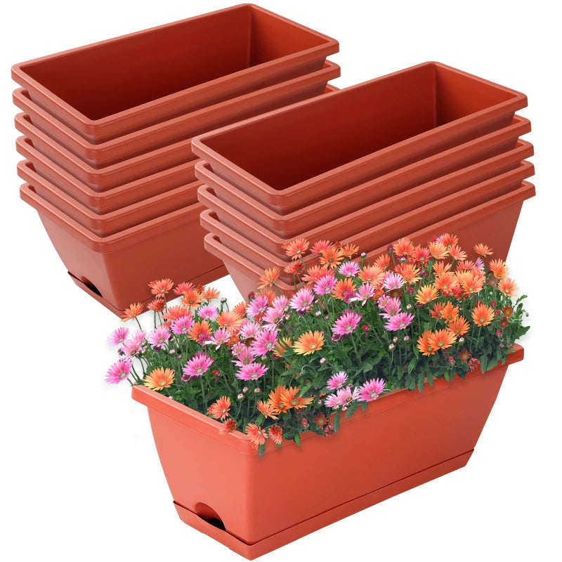 CHUKEMAOYI Window Box Planter 12 Pack Plastic Vegetable Flower Planters Boxes 17 Inches Rectangular Flower Pots with Saucers for Indoor Outdoor Garden Patio Home Decor Brick red