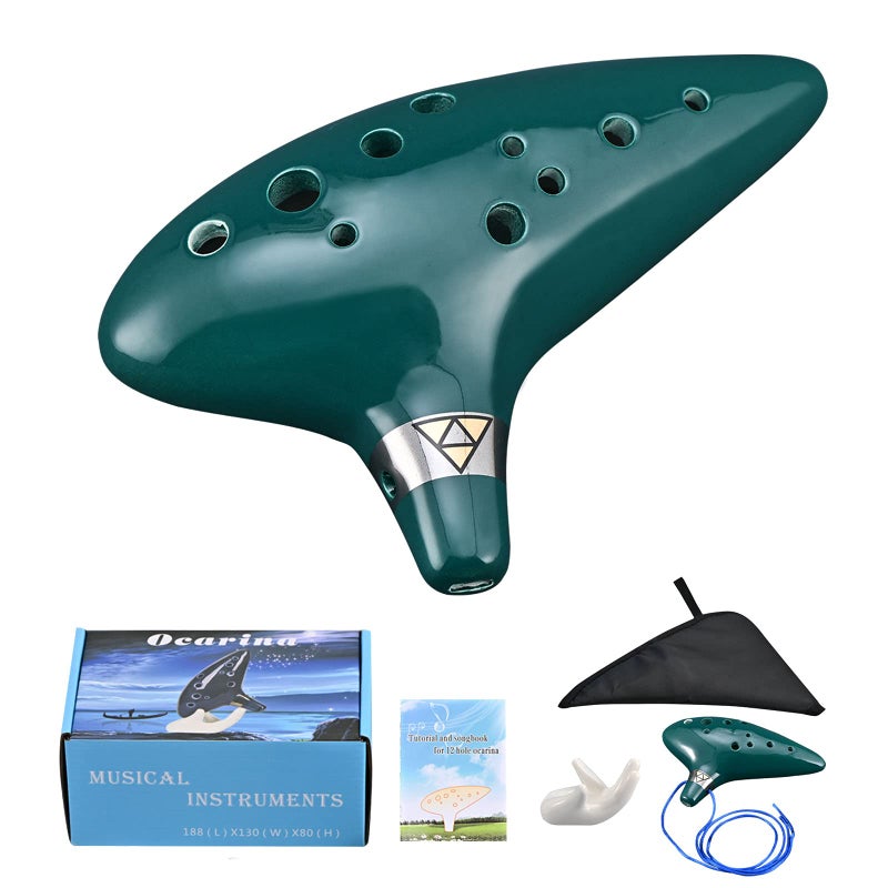 Ocarina 12 Holes Alto C Ceramic Ocarinas with Display Stand Song Book NeckStrap Bag Dark Green