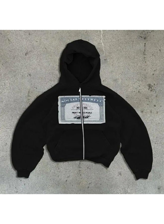 Crancious Y2k Oversized Graphic Hoodies Unisex Grunge Zip up Hoodie Cute Hoodies for Teen Girls and Boys 2000s Emo Clothes, Black, L - Image 2