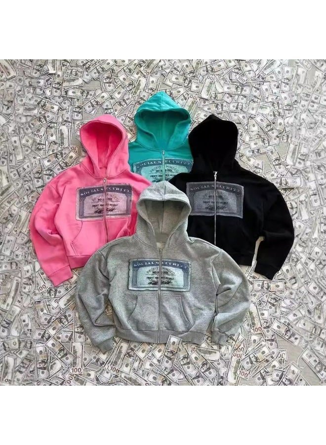 Crancious Y2k Oversized Graphic Hoodies Unisex Grunge Zip up Hoodie Cute Hoodies for Teen Girls and Boys 2000s Emo Clothes, Black, L - Image 4