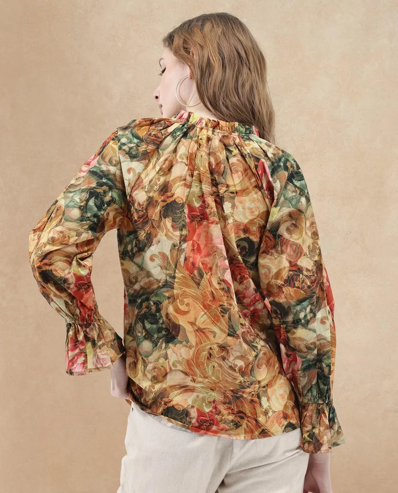 Rareism Women's Abstract Print Collared Top