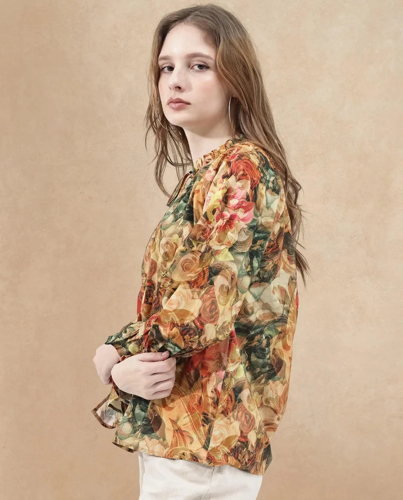Rareism Women's Abstract Print Collared Top