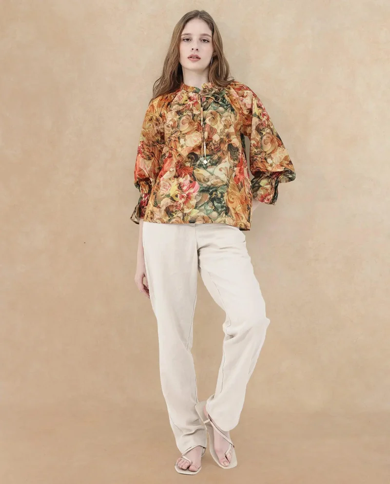 Rareism Women's Abstract Print Collared Top