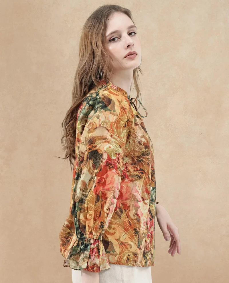 Rareism Women's Abstract Print Collared Top