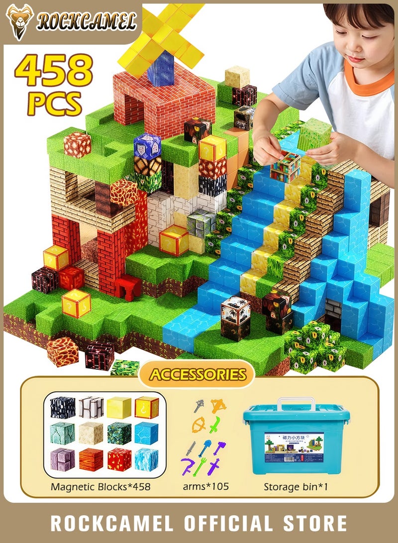 ROCKCAMEL 458PCS Magnetic Building Blocks with 45 Mini Figures, Travel Magnet Building Toy Set with Luxury Storage Case for Kids, Educational Stacking Construction Toys Gift for Kids Age 3-18 - Image 1