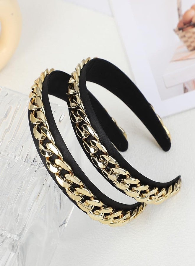 BaBakiak Black Gold Chain Headband 2Pcs, Chained Headband for Women Slip Punk Style, Wide Fashion Hair Band - Image 4