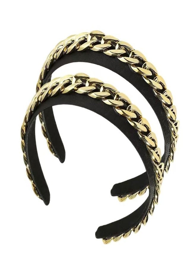 BaBakiak Black Gold Chain Headband 2Pcs, Chained Headband for Women Slip Punk Style, Wide Fashion Hair Band - Image 1
