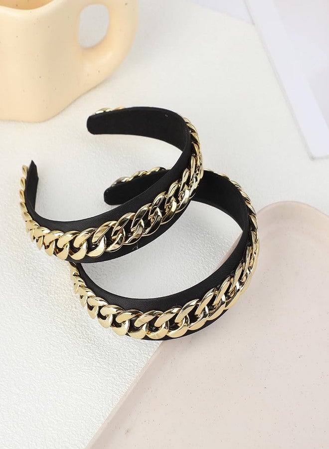 BaBakiak Black Gold Chain Headband 2Pcs, Chained Headband for Women Slip Punk Style, Wide Fashion Hair Band - Image 5