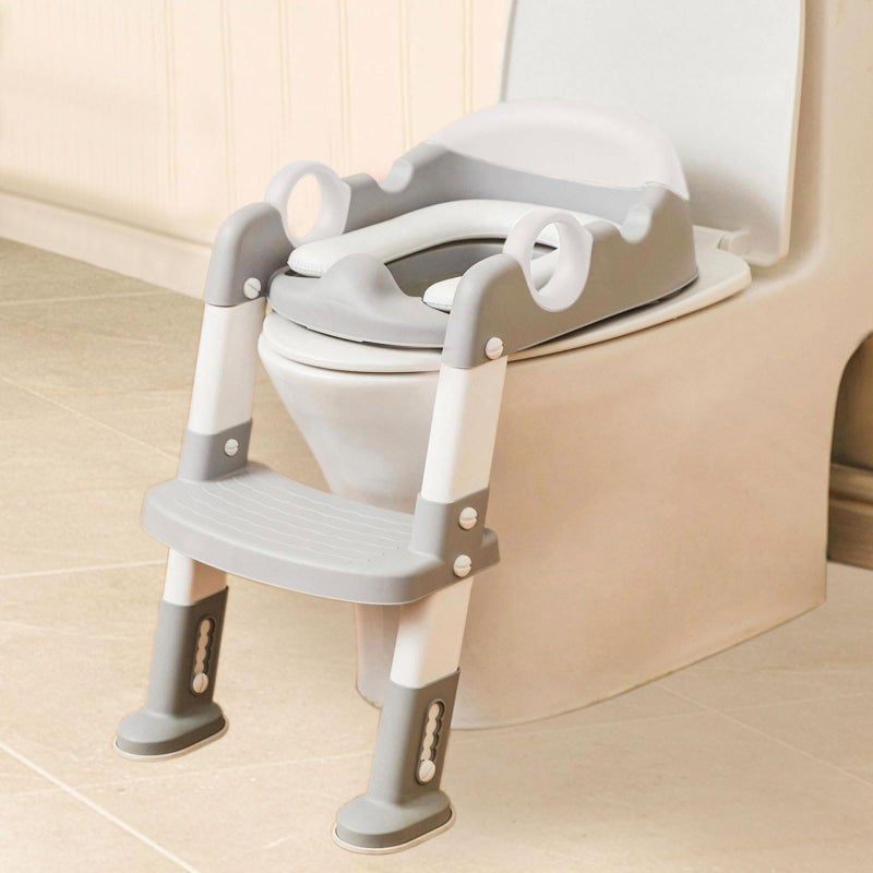 Wiifo Potty Training Seat with Step Stool Ladder for Kids and Toddler,Wiifo Sturdy Potty Ladder with Soft Padded Cushion for Boys and Girls,Toddler Toilet Training Seat Chair(Grey White) - Image 1