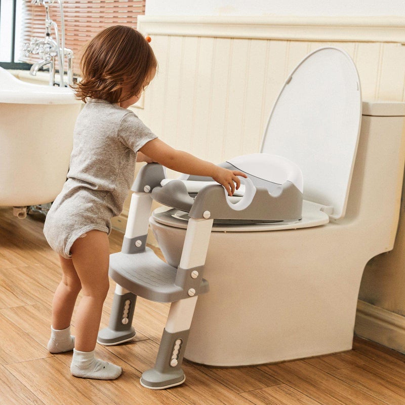 Wiifo Potty Training Seat with Step Stool Ladder for Kids and Toddler,Wiifo Sturdy Potty Ladder with Soft Padded Cushion for Boys and Girls,Toddler Toilet Training Seat Chair(Grey White) - Image 3