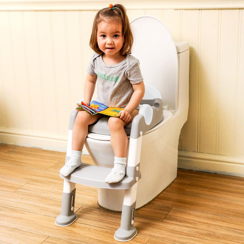Wiifo Potty Training Seat with Step Stool Ladder for Kids and Toddler,Wiifo Sturdy Potty Ladder with Soft Padded Cushion for Boys and Girls,Toddler Toilet Training Seat Chair(Grey White) - Image 2