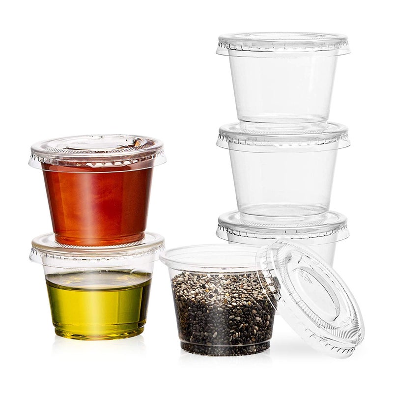 مارك 100 عبوة 1 أوقية أكواب بلاستيكية شفافة يمكن التخلص منها مع أغطية متوفرة في 2 أوقية 4 أوقية أكواب بهارات وحاوية صلصة وتغميس