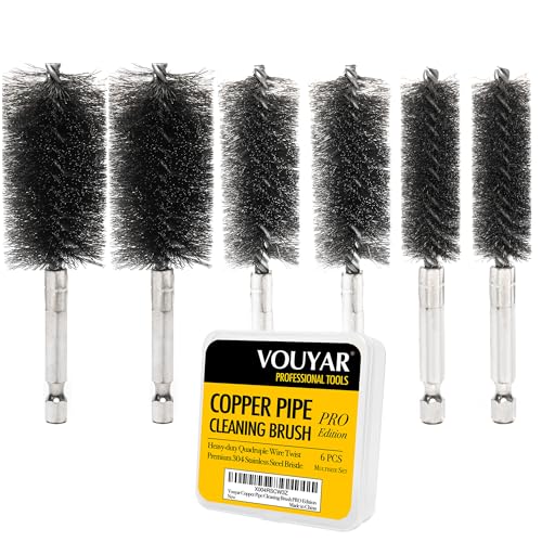 Vouyar Quadruple Wire Twist Professional ID Copper Tube Pipe Cleaner for Fittings 6pcs, 1/2" 3/4" 1" Pipe Cleaning Brush Set, Stainless Steel Wire Bore Brushes for Power Drill, 1/4 Inch Hex Shank - Image 1