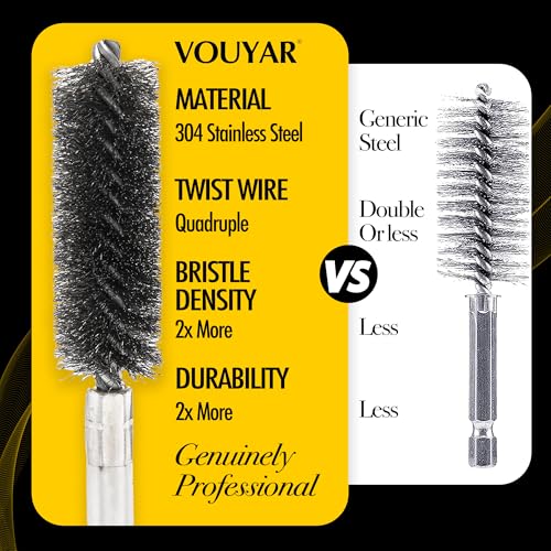 Vouyar Quadruple Wire Twist Professional ID Copper Tube Pipe Cleaner for Fittings 6pcs, 1/2" 3/4" 1" Pipe Cleaning Brush Set, Stainless Steel Wire Bore Brushes for Power Drill, 1/4 Inch Hex Shank - Image 3