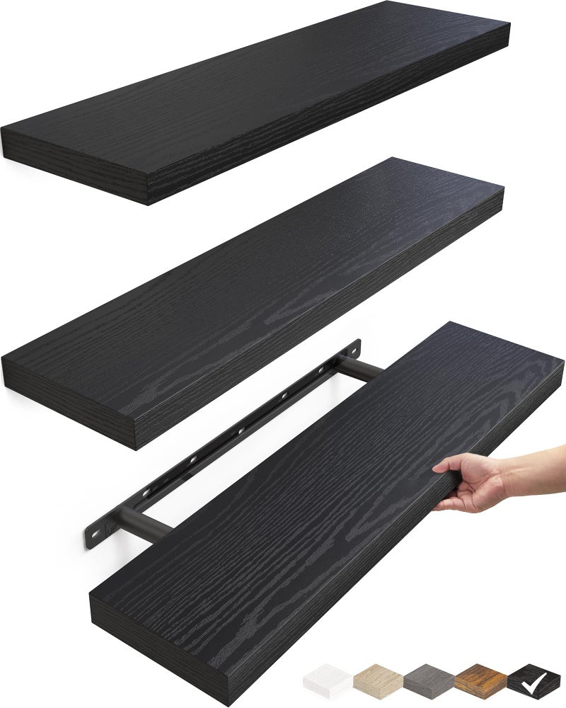BAYKA Floating Shelves for Wall, 22.5 inches Wall Mounted Rustic Wood Shelves for Bathroom, Bedroom, Living Room, Floating Shelves for Books/Storage/Decor (Black,Set of 3) - Image 1