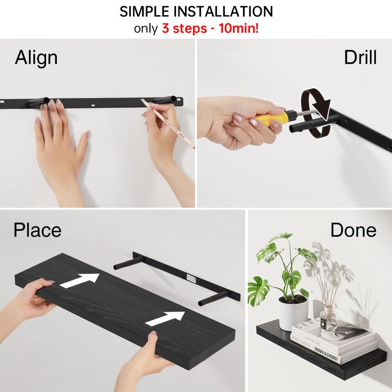 BAYKA Floating Shelves for Wall, 22.5 inches Wall Mounted Rustic Wood Shelves for Bathroom, Bedroom, Living Room, Floating Shelves for Books/Storage/Decor (Black,Set of 3) - Image 5