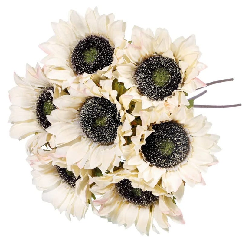 Laelfe 7PCS White Sunflowers Artificial Flowers Fake Silk Sunflower with Stem Vintage Fall Sunflower Decorations for Autumn Home Wedding Party Birthday Bulk Single