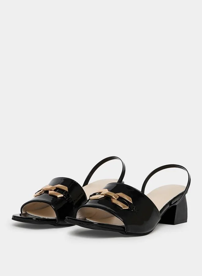 Take Two Black Patent Block Heel Slingback Sandals