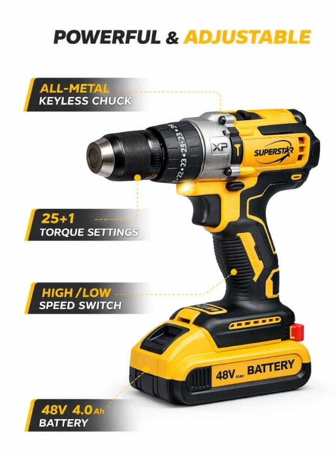 SuperStar 48V Cordless Drill SPER-NH48 – Powerful Lithium-Ion Electric Drill Driver with 2 Speed Control, 18+1 Torque Settings, LED Light, Overheat & Overcharge Protection - Image 2