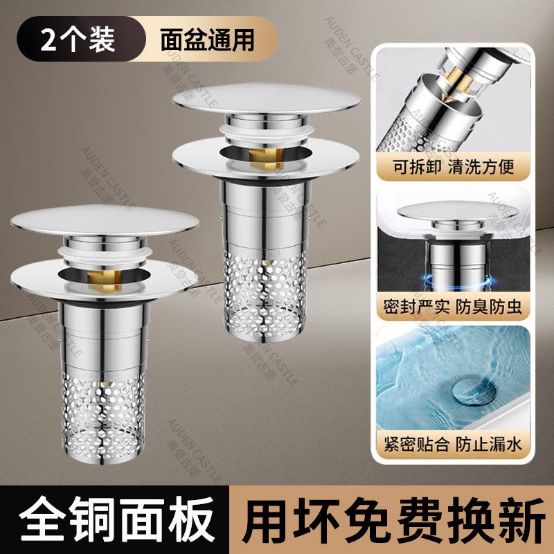 Washbasin Drain Plug, Press-Type Pop-Up Core, Universal Drain Stopper, Anti-Odor Device, Threaded Filter  Net - Image 1
