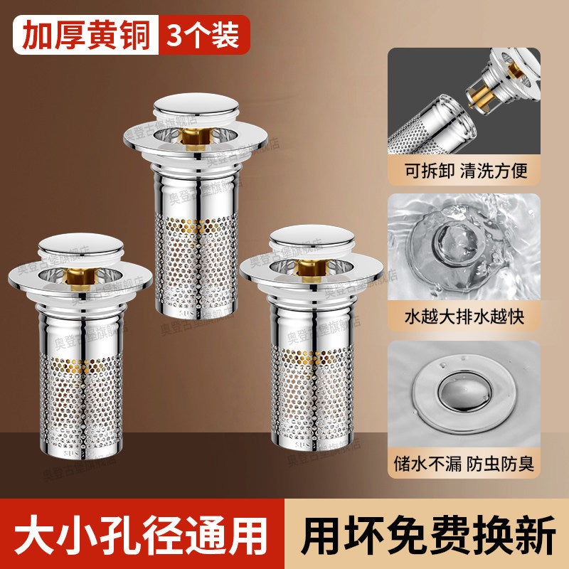 Washbasin Drain Plug, Press-Type Pop-Up Core, Universal Drain Stopper, Anti-Odor Device, Threaded Filter  Net - Image 2