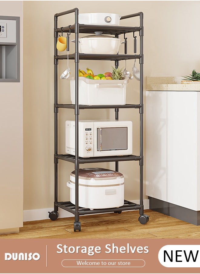 DUNISO 5 Tier Storage Shelves, Stable Kitchen Shelf Organizer, Storage Rack with Wheels and Armrests, Removable Free Standing Rack with 4 Hooks, Multipurpose Rack, Shelving Unit for Laundry Room,Living Room,Garage,Pantry,Study Room  - Image 1