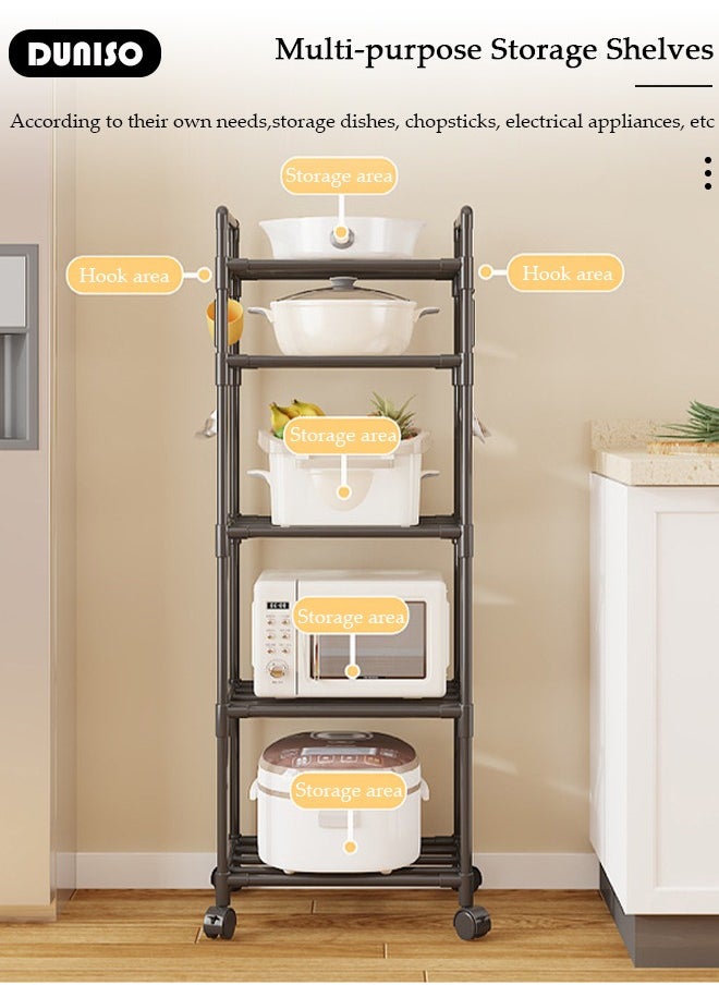 DUNISO 5 Tier Storage Shelves, Stable Kitchen Shelf Organizer, Storage Rack with Wheels and Armrests, Removable Free Standing Rack with 4 Hooks, Multipurpose Rack, Shelving Unit for Laundry Room,Living Room,Garage,Pantry,Study Room  - Image 2