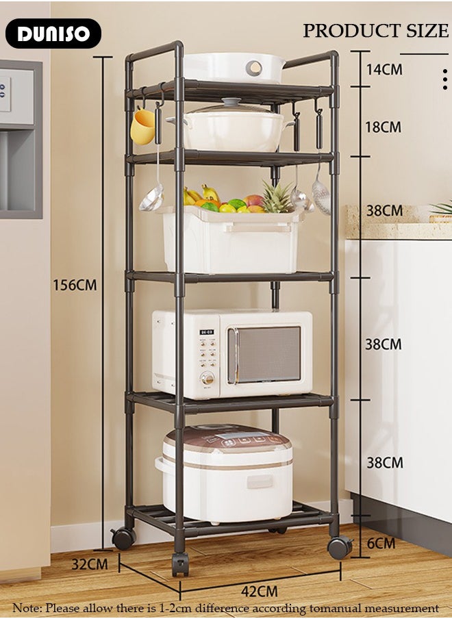 DUNISO 5 Tier Storage Shelves, Stable Kitchen Shelf Organizer, Storage Rack with Wheels and Armrests, Removable Free Standing Rack with 4 Hooks, Multipurpose Rack, Shelving Unit for Laundry Room,Living Room,Garage,Pantry,Study Room  - Image 4