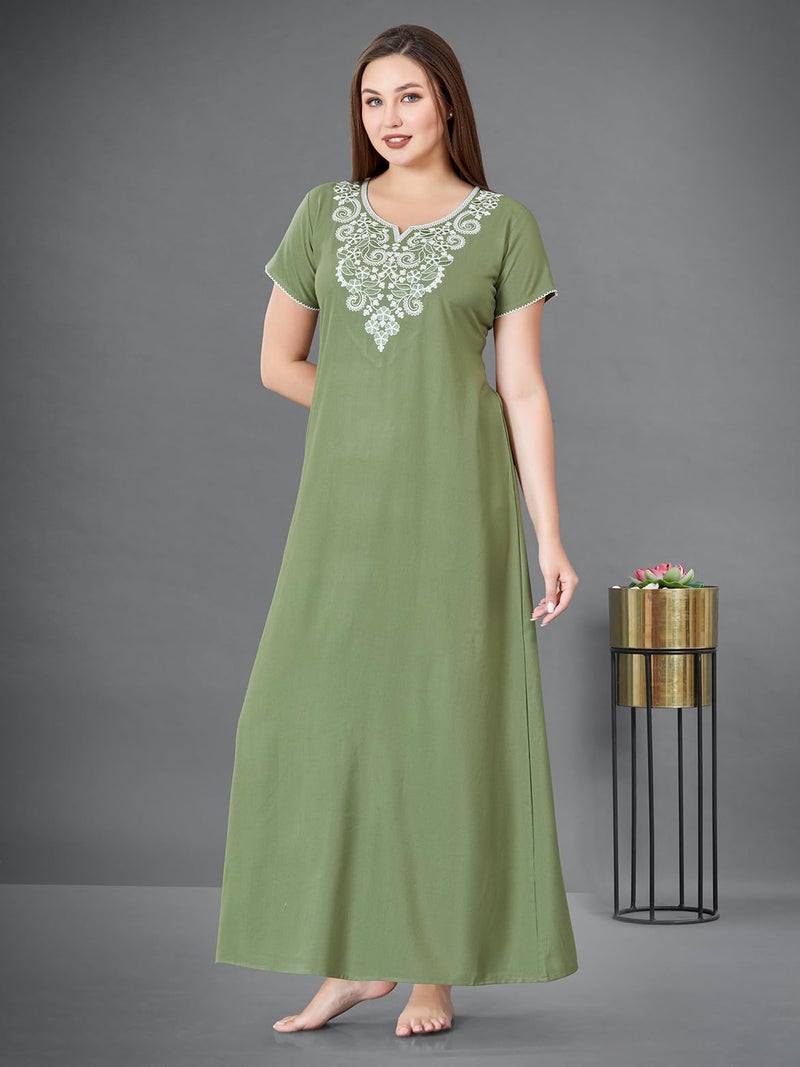 SAND DUNE Plain Nighty with Embroidery in The Front and a Pocket Women Cotton Floor Length Nighty (Green, XL) - Image 3