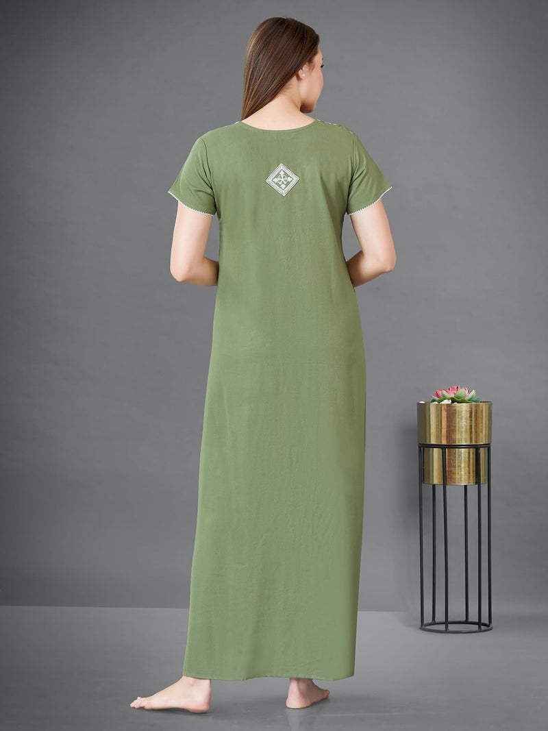 SAND DUNE Plain Nighty with Embroidery in The Front and a Pocket Women Cotton Floor Length Nighty (Green, XL) - Image 4