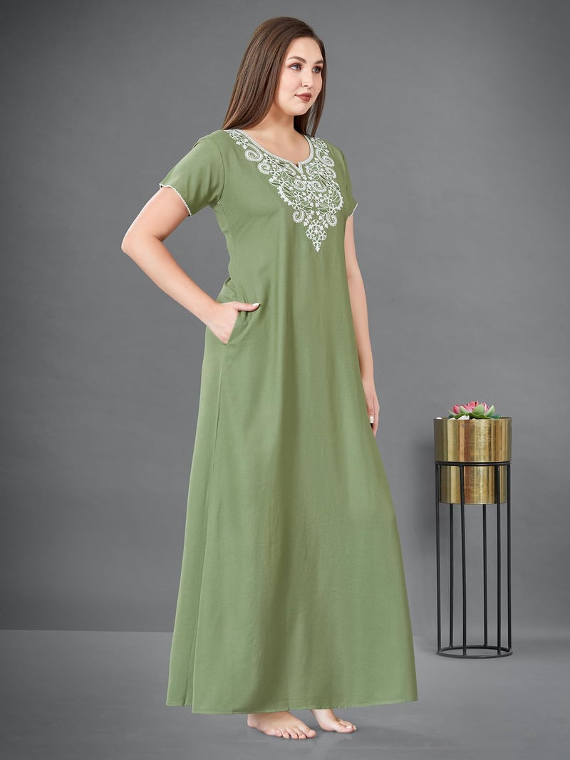 SAND DUNE Plain Nighty with Embroidery in The Front and a Pocket Women Cotton Floor Length Nighty (Green, XL) - Image 5