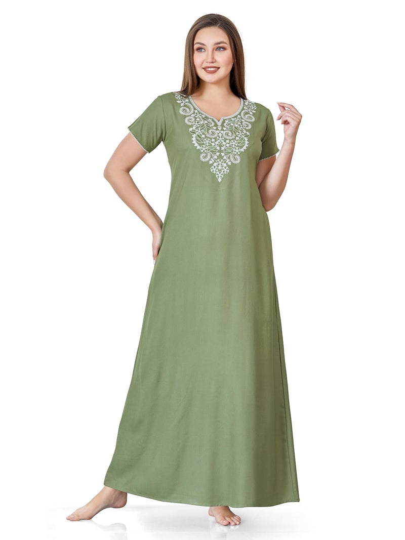 SAND DUNE Plain Nighty with Embroidery in The Front and a Pocket Women Cotton Floor Length Nighty (Green, XL) - Image 1