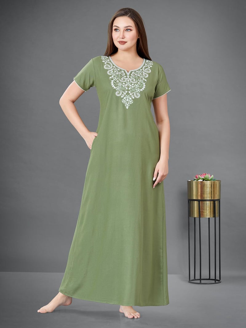 SAND DUNE Plain Nighty with Embroidery in The Front and a Pocket Women Cotton Floor Length Nighty (Green, XL) - Image 2