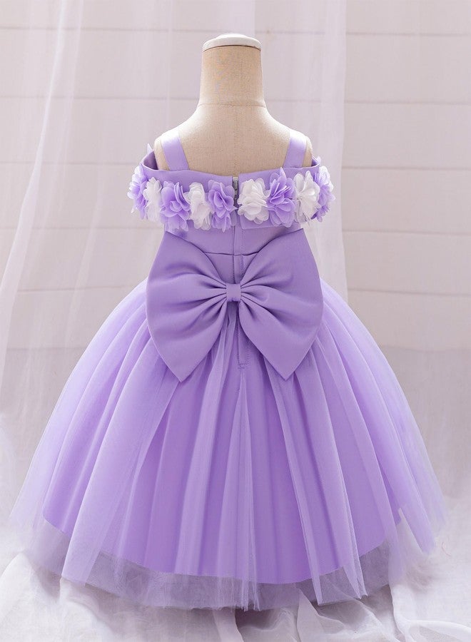 IDOPIP Infant Baby Flower Girl Dress 3D Flower Toddler Birthday Dresses Cold Shoulder Little Girls Princess Pageant Wedding Party Baptism Bowknot Tulle Tutu Gown Clothes Purple 6-9 Months - Image 3