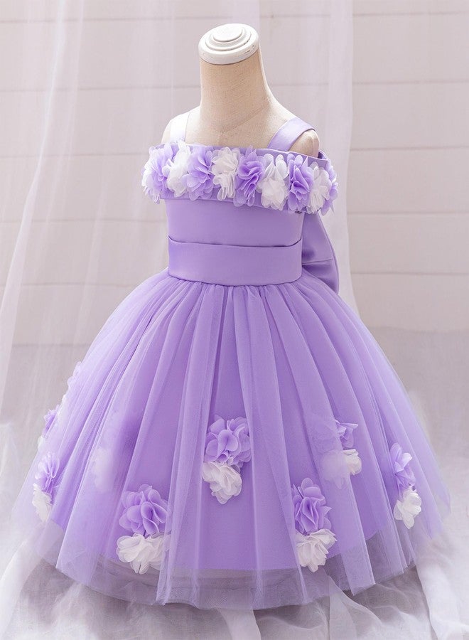 IDOPIP Infant Baby Flower Girl Dress 3D Flower Toddler Birthday Dresses Cold Shoulder Little Girls Princess Pageant Wedding Party Baptism Bowknot Tulle Tutu Gown Clothes Purple 6-9 Months - Image 2