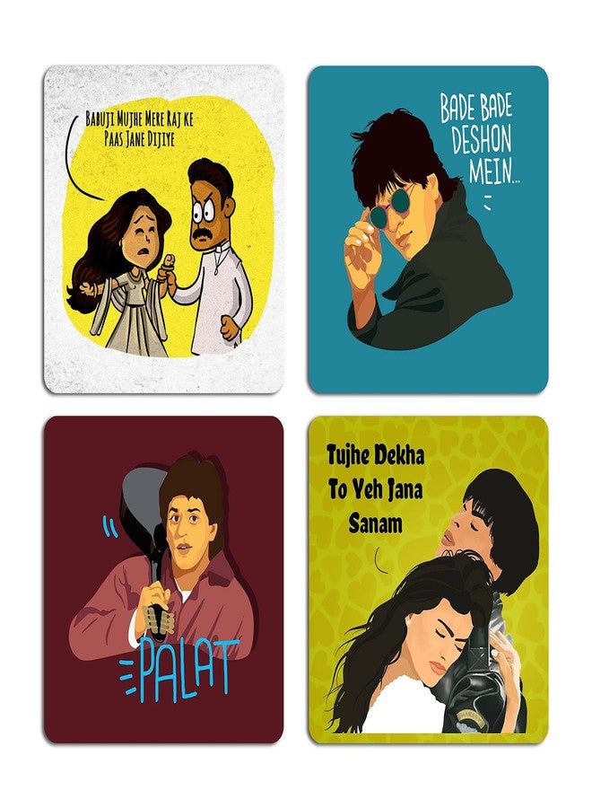 ARTBUG قواعد أكواب شاي/قهوة مطبوعة برسومات حوارات مضحكة من فيلم DDLJ، مصنوعة من خشب MDF، مناسبة لطاولة الطعام/المكتب/المنزل/المطبخ - طقم من 4 قطع - المقاس: 10 سم × 10 سم - Image 1