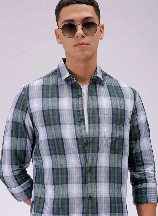شركة المرآب الهندية Men Slim Fit Checkered Full Sleeves Cutaway Collar Casual Shirt