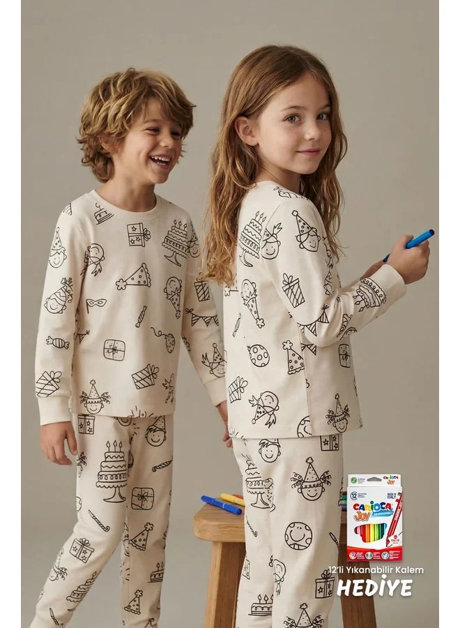 zuzunga Colorable Birthday-Themed Kids' Pajama Set – Washable 12-Piece Pen Gift.