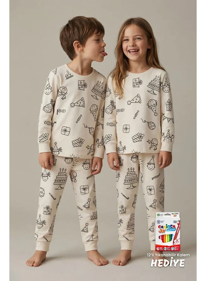 zuzunga Colorable Birthday-Themed Kids' Pajama Set – Washable 12-Piece Pen Gift.
