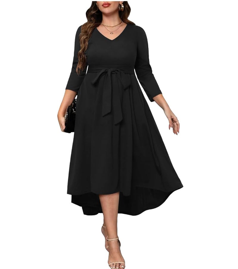 TATAIYA Women Plus Size V-Neck Party Cocktail High-Low Maxi Dress (Black_3XL) - Image 1
