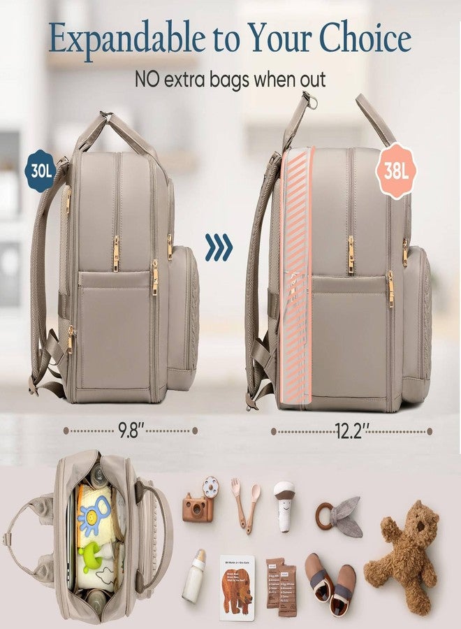 Qualyphant Diaper Bag Backpack - Extra Large Diaper Bag for Two Kids Twins (Expandable 30-38L) - Travel Baby Backpack with Changing Pad for Mom Dad (Quilted, Water Resistant, Brown Taupe) - Image 3