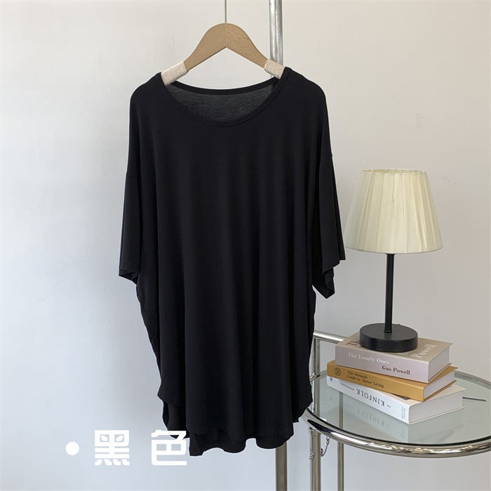 Generic Modal blue green round neck loose light board short sleeve t-shirt women loose plus size solid color lazy style dance clothes T-shirt Black