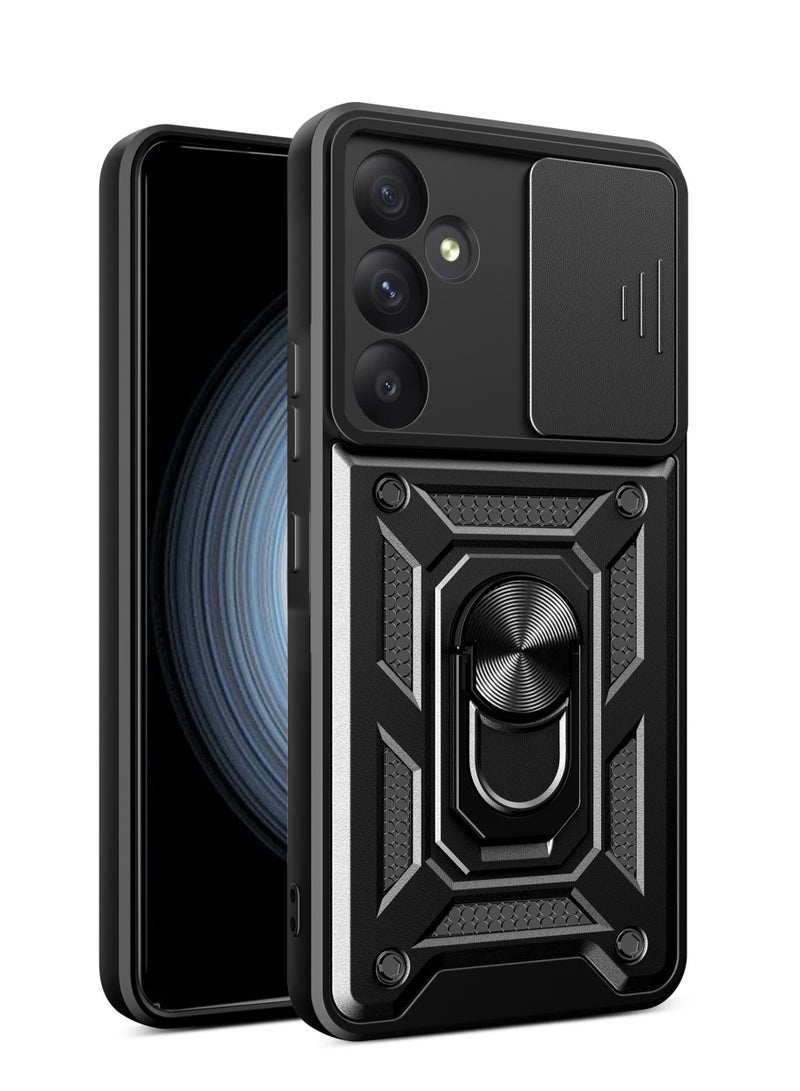 Shunjia Sliding Window Case, Shockproof Rugged Armor with Sliding Camera Cover & 360° Ring Kickstand, Compatible with Samsung Galaxy A55 (Black)