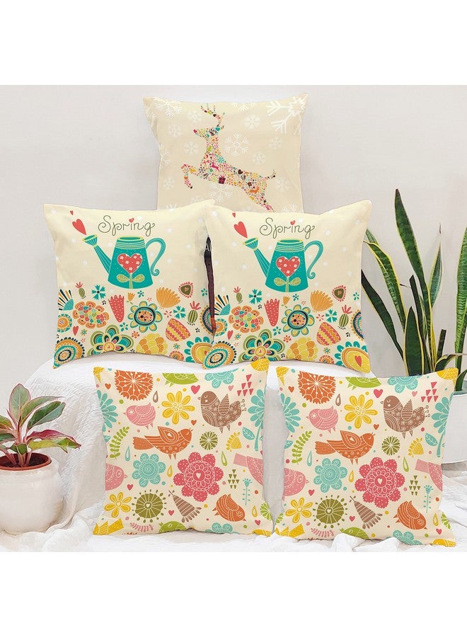 BRICK HOME Multi Floral Printed Poly Cotton Cushion Covers, Set of 5 (16 x 16 Inches) - Image 1